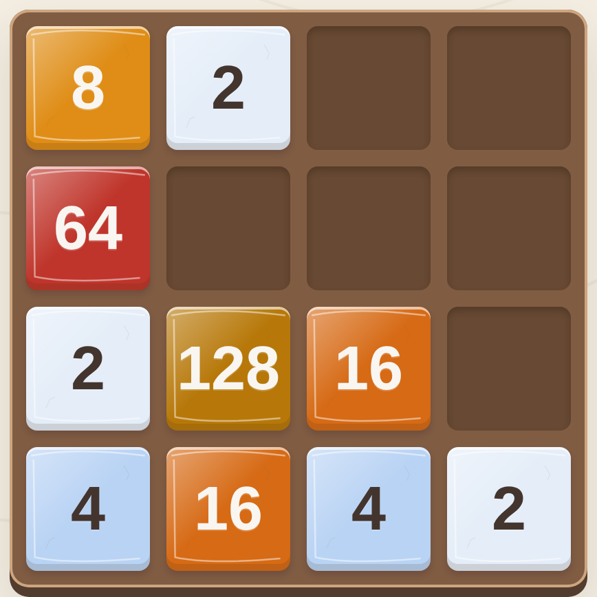 Numbered 2048 tiles, including 64 and 128, on a wooden four-by-four board.