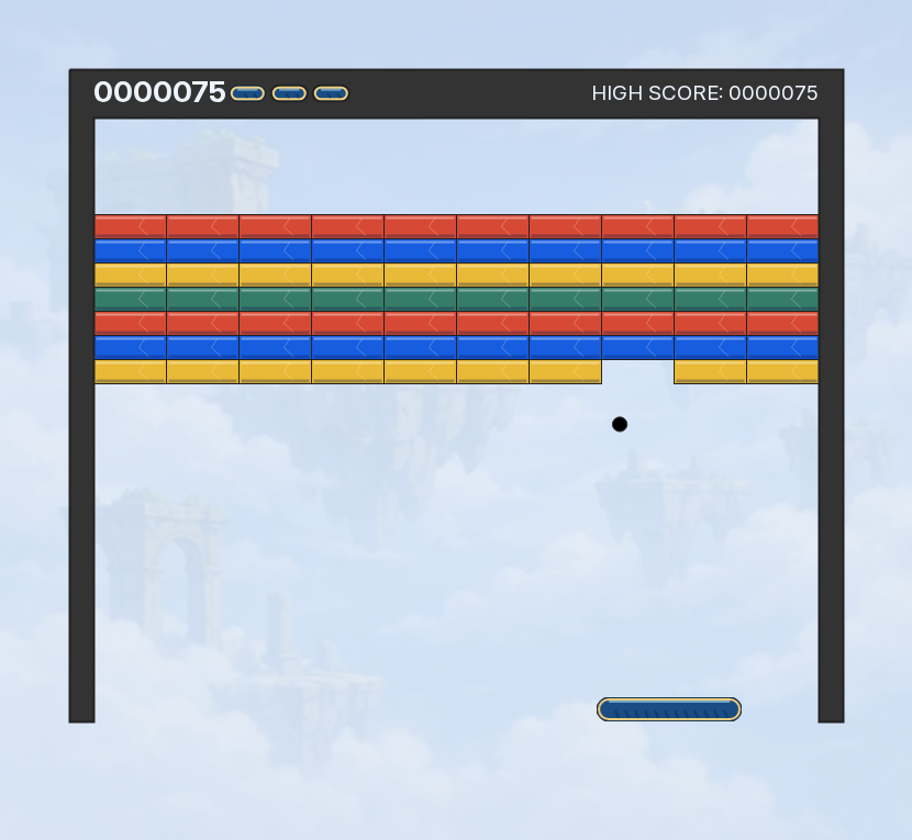 Coloured brick rows, a ball and a paddle in the Brick Shift playfield.