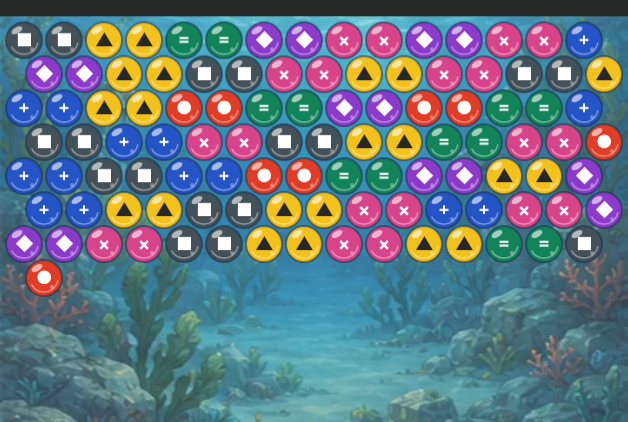 Rows of coloured, symbol-marked bubbles over an underwater backdrop.