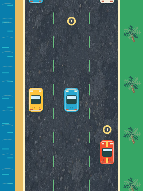 A car weaves between traffic on a coastal road.