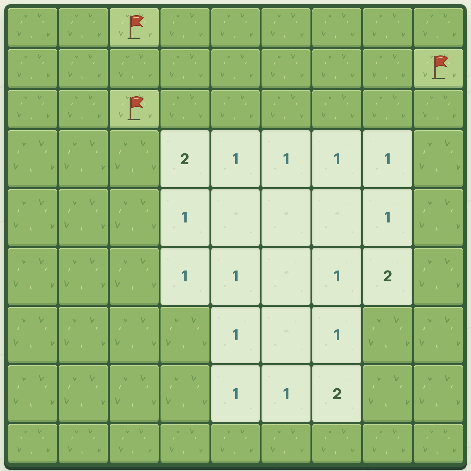 An opened patch of numbered squares and red flags on a green minesweeper board.
