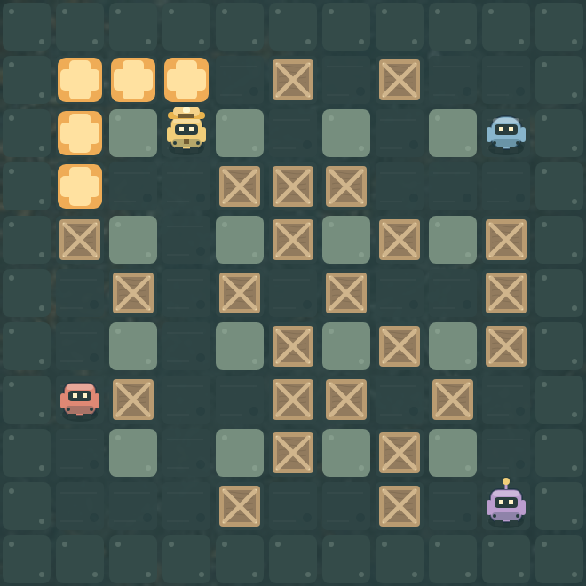 Robots dodge a cross-shaped explosion among crates in the tiled Fuse Yard arena.