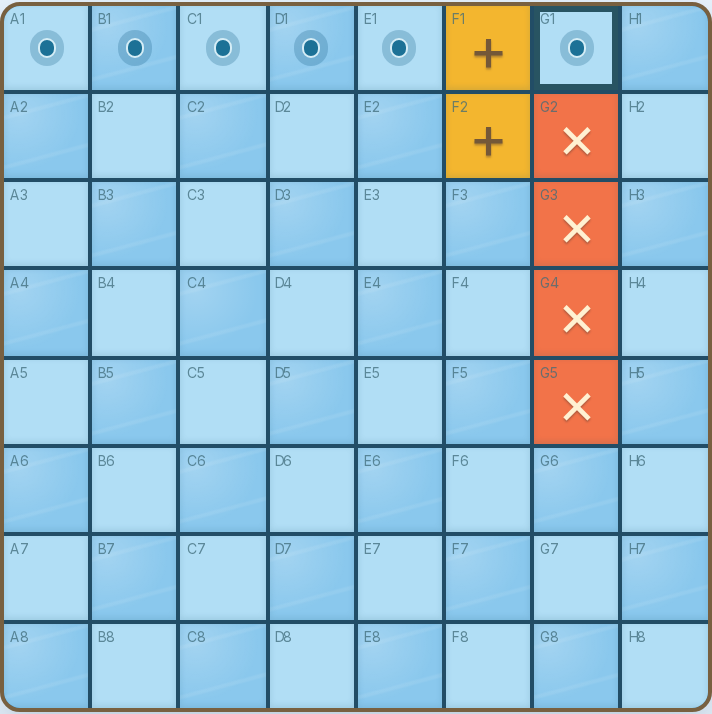 A fleet-search grid with ship hits, misses and numbered scan clues.