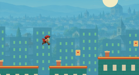 A postal runner jumps across rooftops towards a collectible stamp.