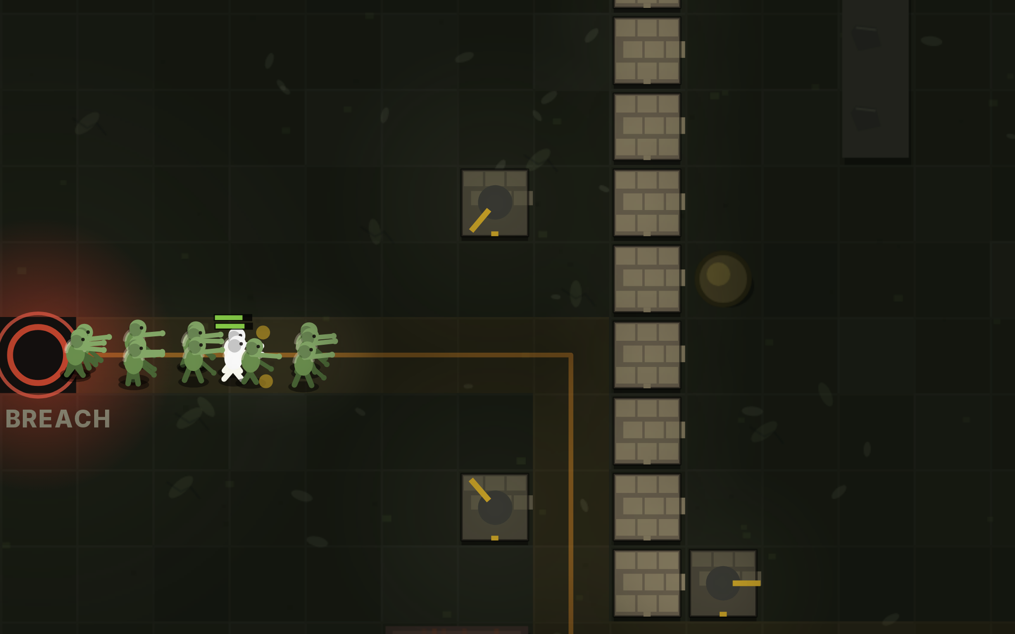 Defensive towers and barricades channel a wave of enemies across the gridded battlefield.