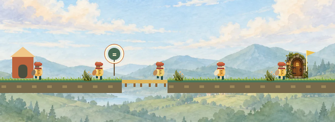 Small walkers follow a planned route across grassy platforms towards their exit.
