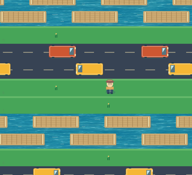 A small traveller crosses roads and waterways between moving traffic and ferries.