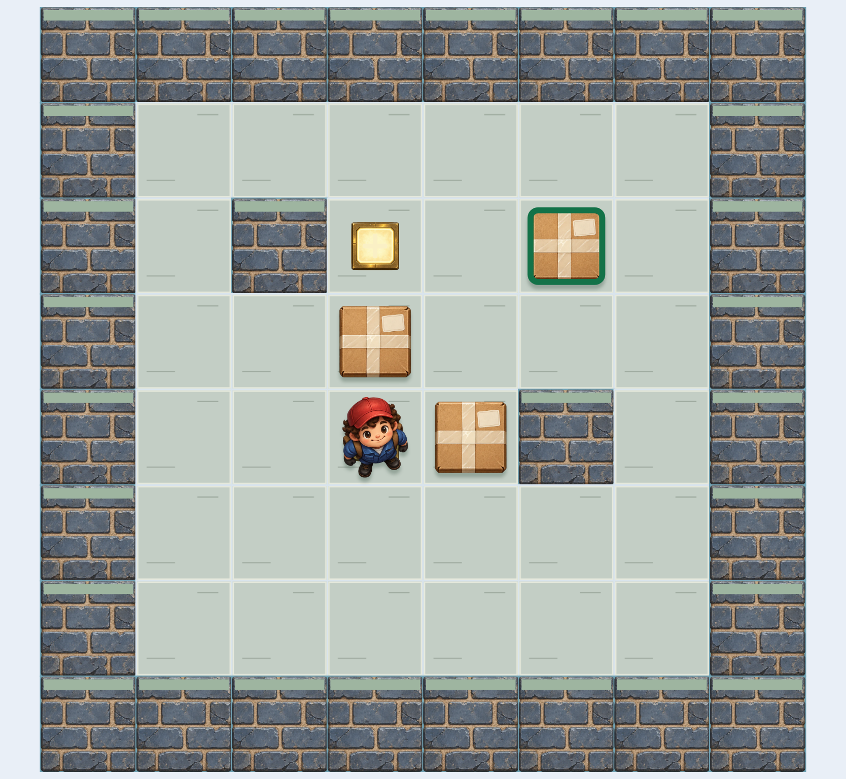 A delivery character beside wooden crates and marked destinations inside a brick-walled room.