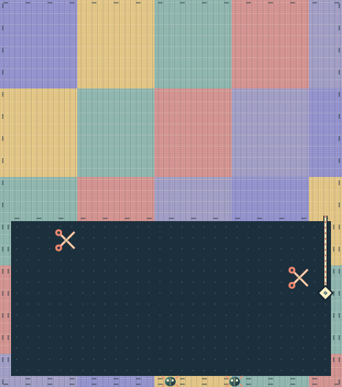Coloured captured territory borders a dark field with moving hazards.