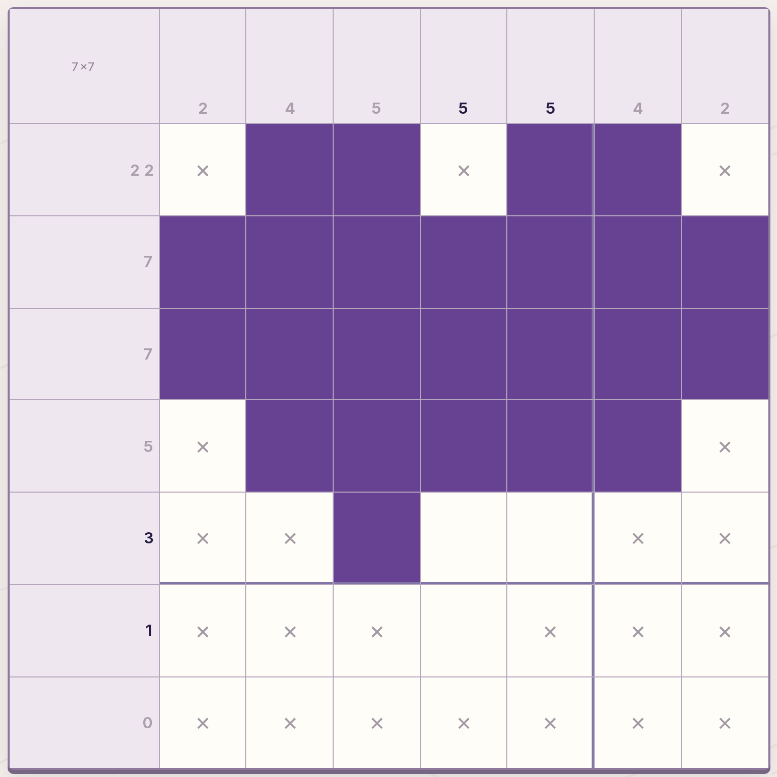 Purple squares forming part of a picture beside numbered nonogram clues.
