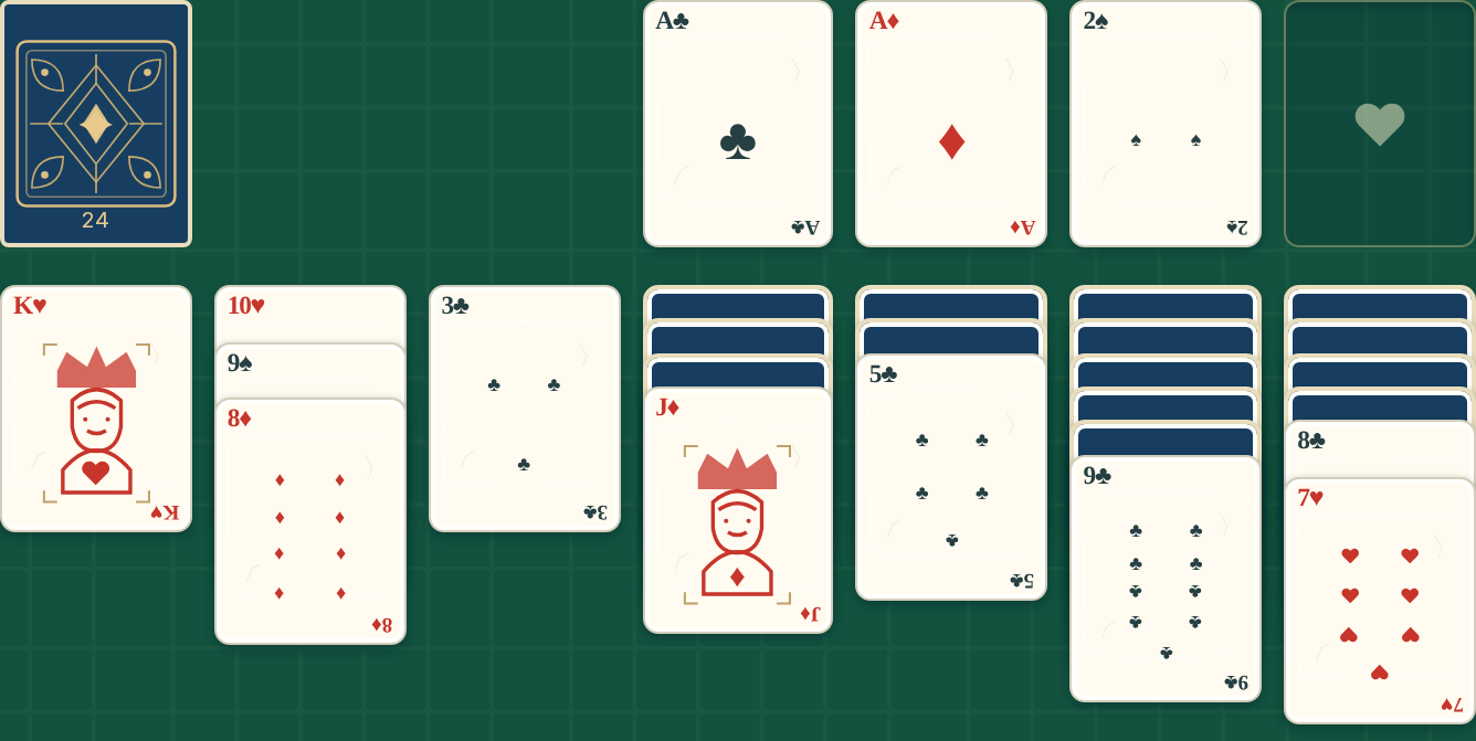 Face-up playing cards and blue-backed stacks on green solitaire felt.