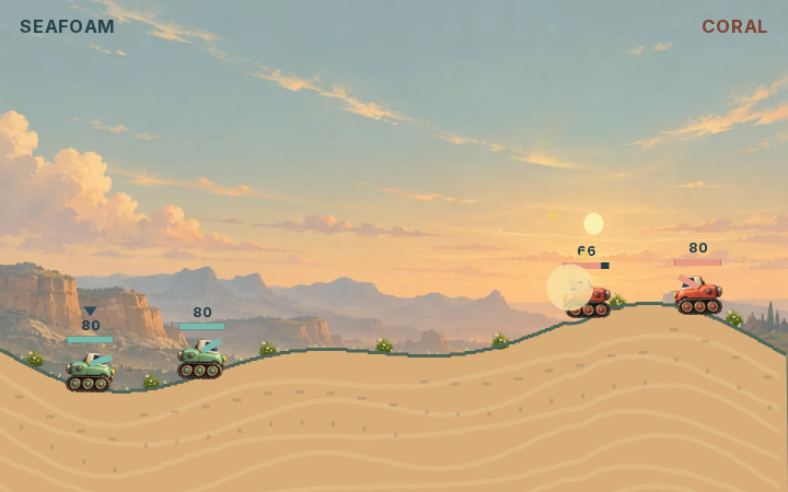 Artillery vehicles face each other across rolling hills as shells fly between the teams.