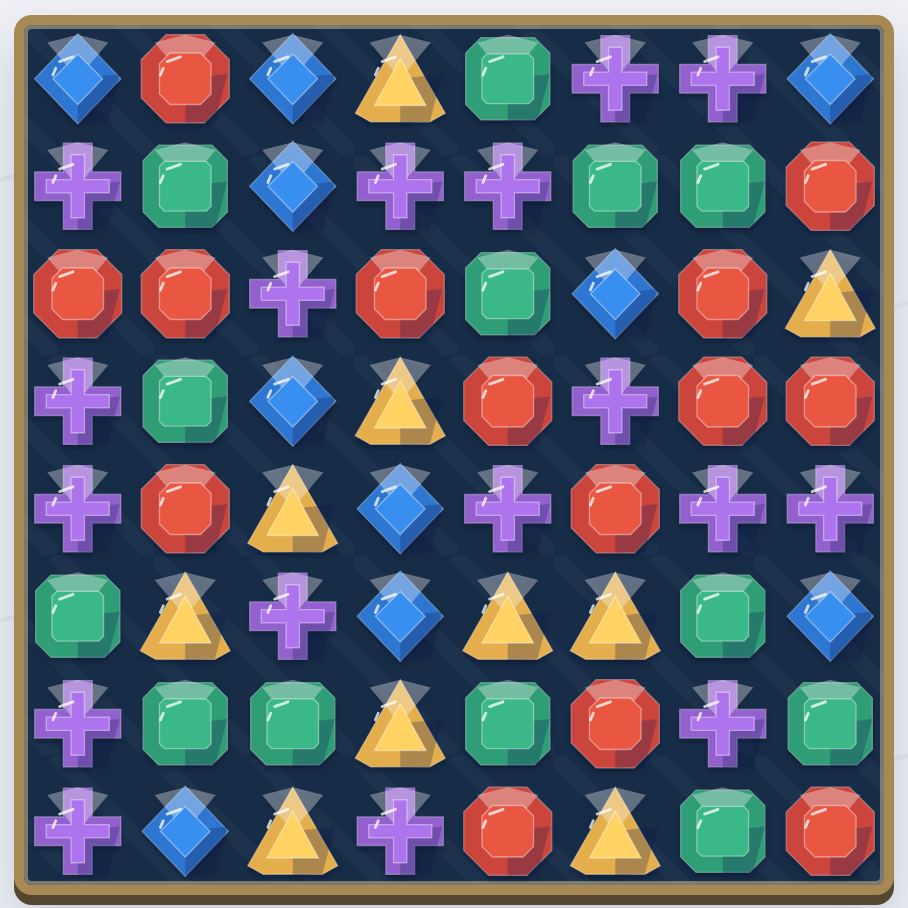 Rows of colourful faceted gems on the Prism Parade matching board.