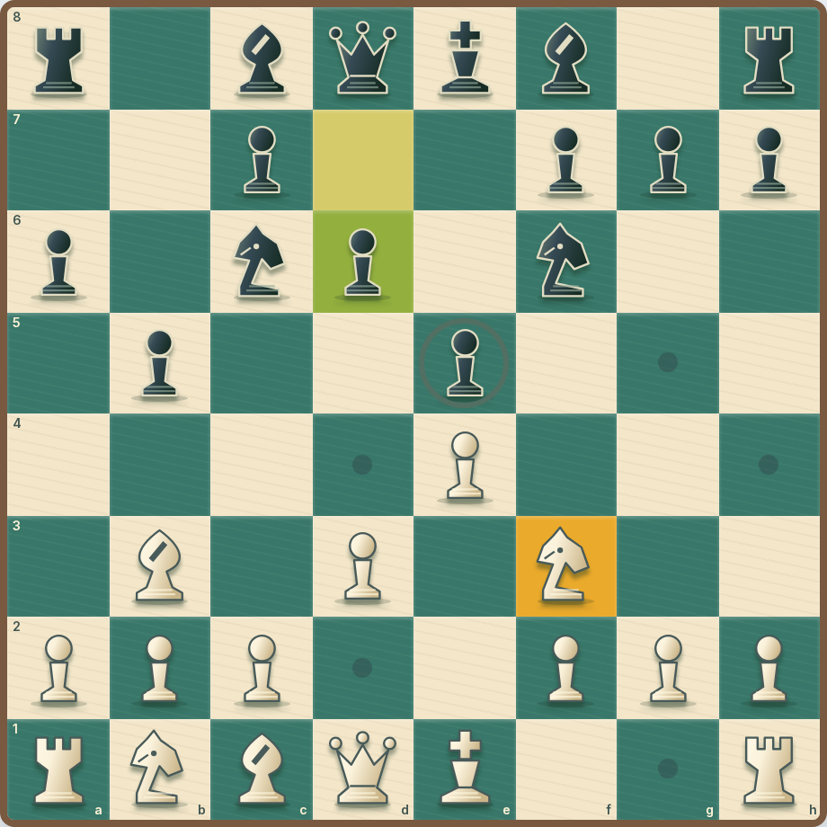 Light and dark chess pieces in play on a green and cream chessboard.