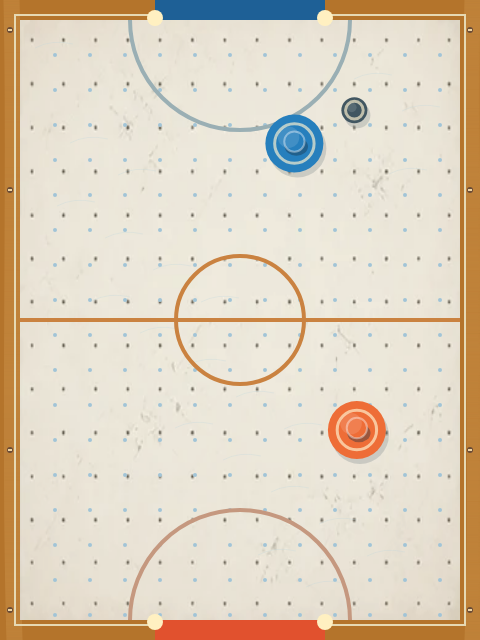 Two paddles and a puck on an illuminated air-hockey table.
