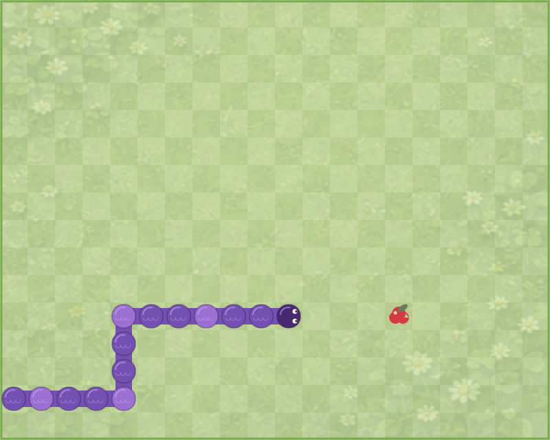 A winding snake crosses a chequered green field towards fruit.