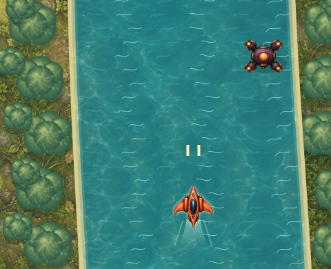 A coral skimmer fires along a turquoise river between green banks and enemy craft.
