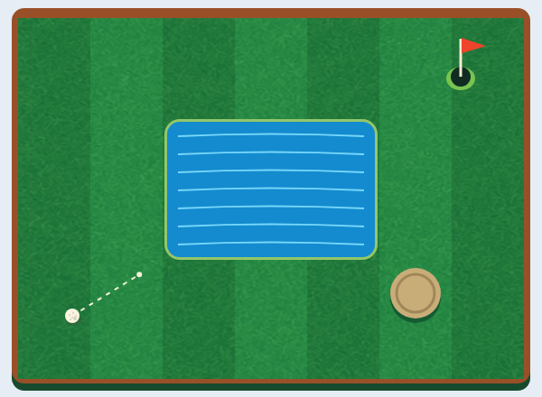 A golf ball and flagged hole on a miniature course with obstacles.