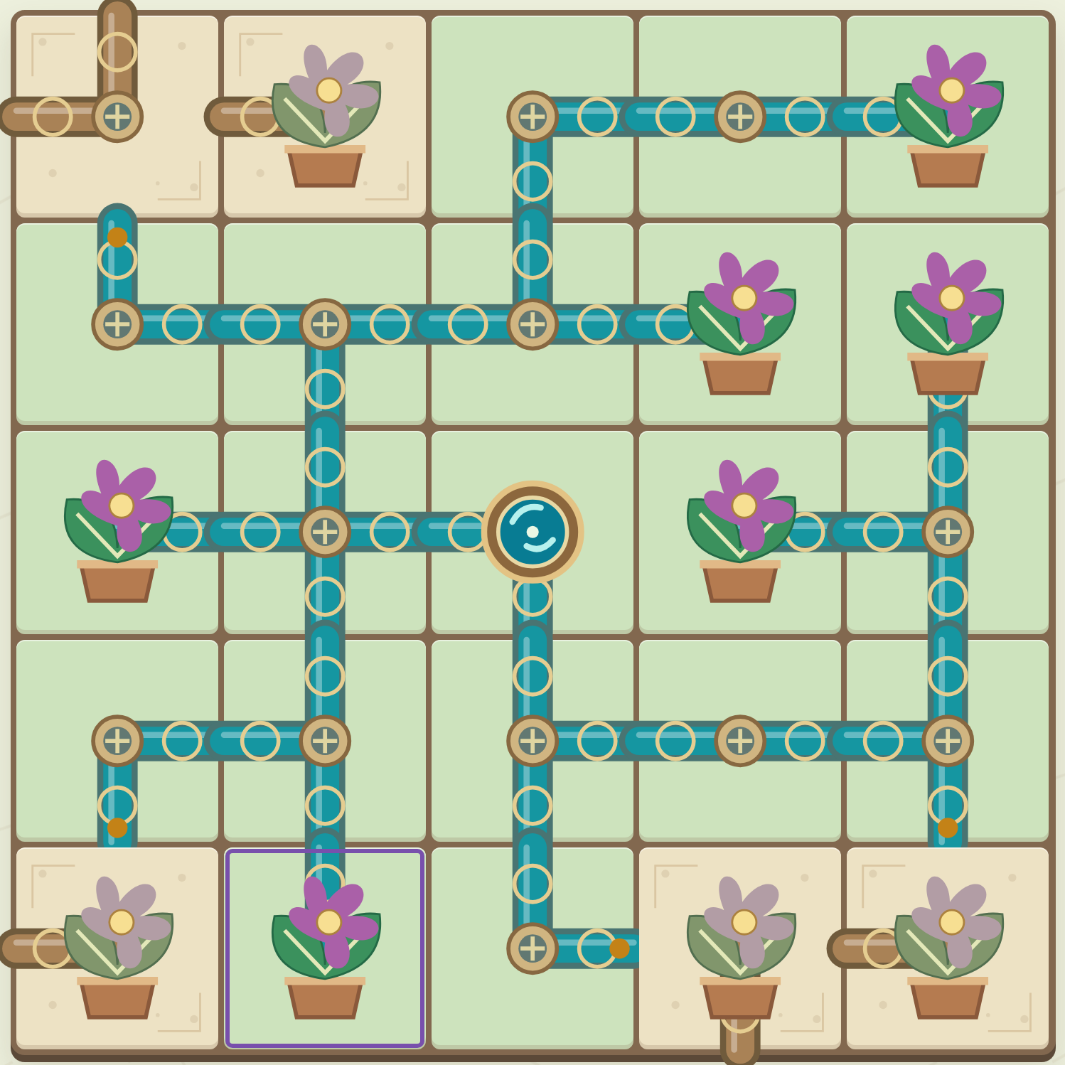 Blue water flows through connected pipes between flower pots in a square garden.