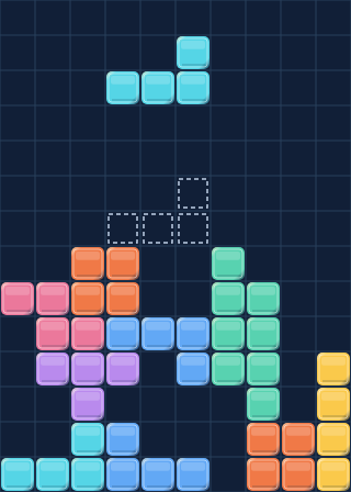 Coloured falling blocks and their landing outline above a partly filled well.