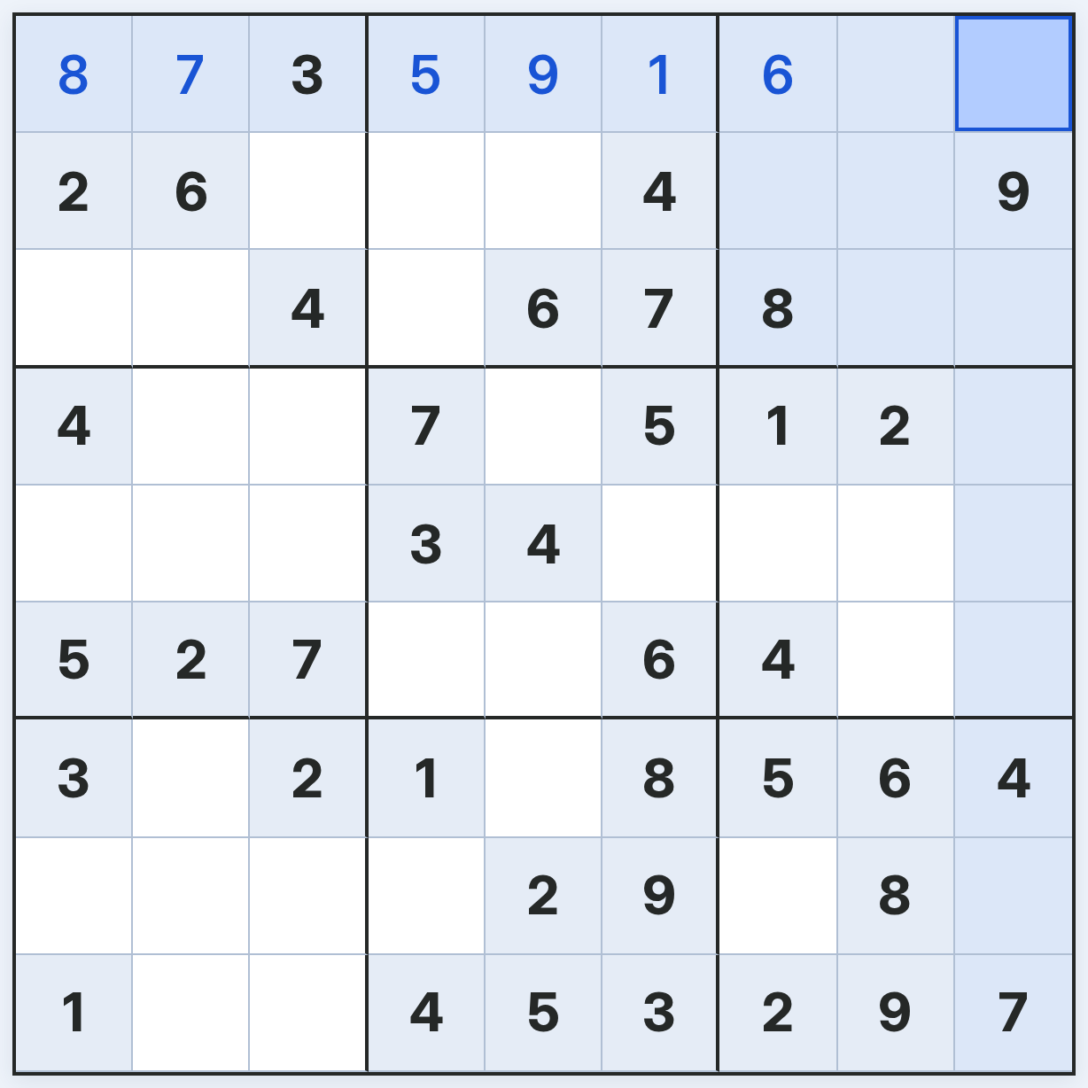 A Sudoku grid with number clues, entered digits and a highlighted row and box.