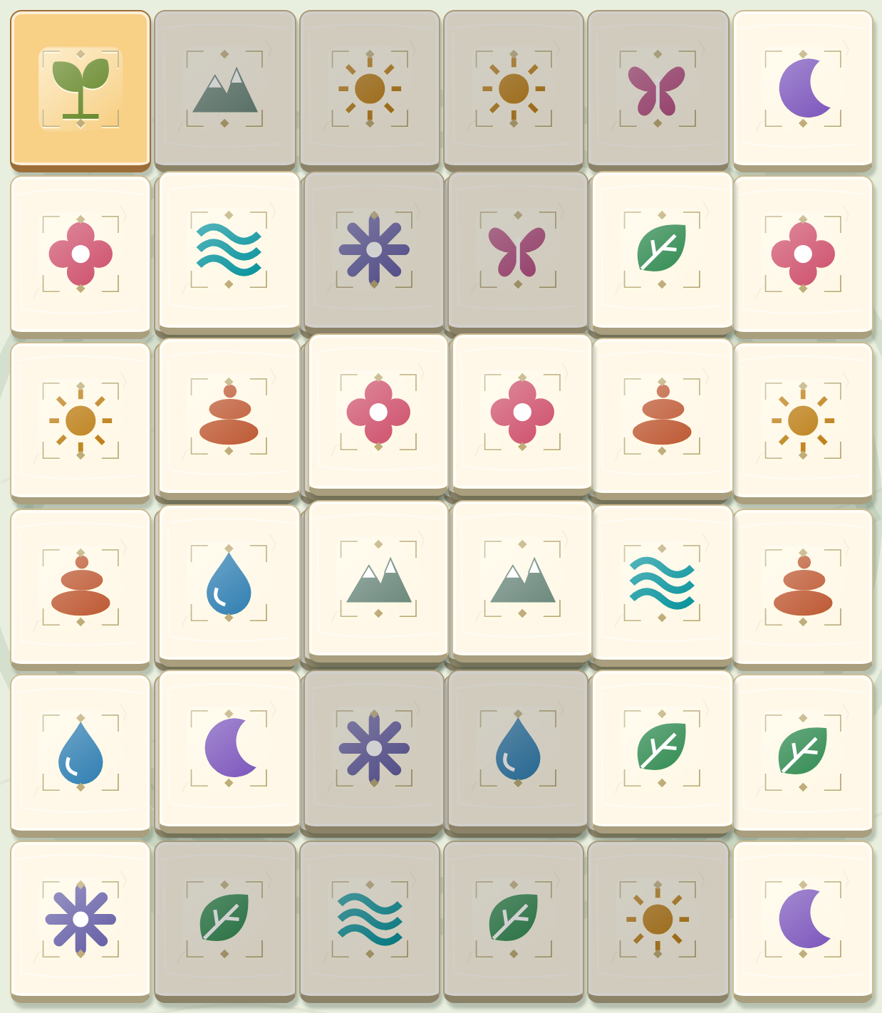 Layered cream tiles bearing colourful flowers, leaves and other matching symbols.