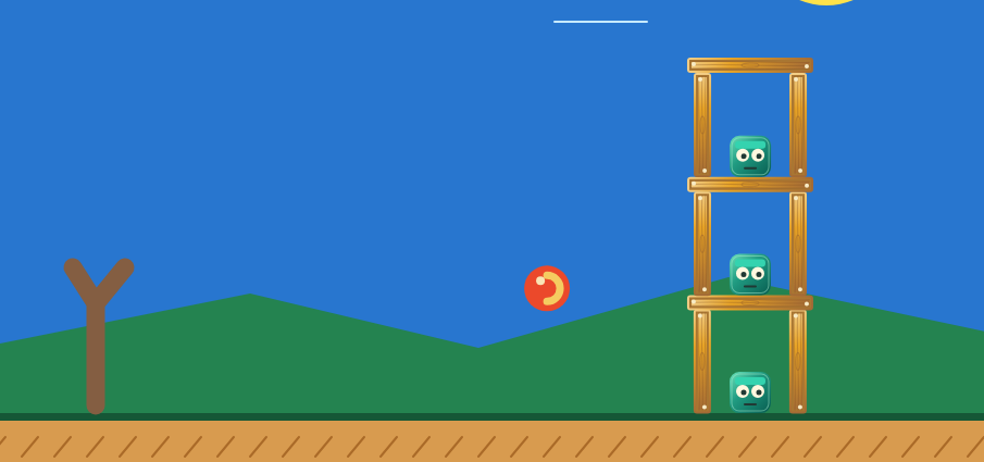 A slingshot projectile faces a toy structure built from blocks and targets.