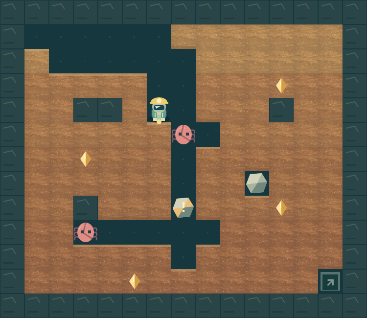 A helmeted scout digs among crystals, rocks and creatures in an underground chamber.