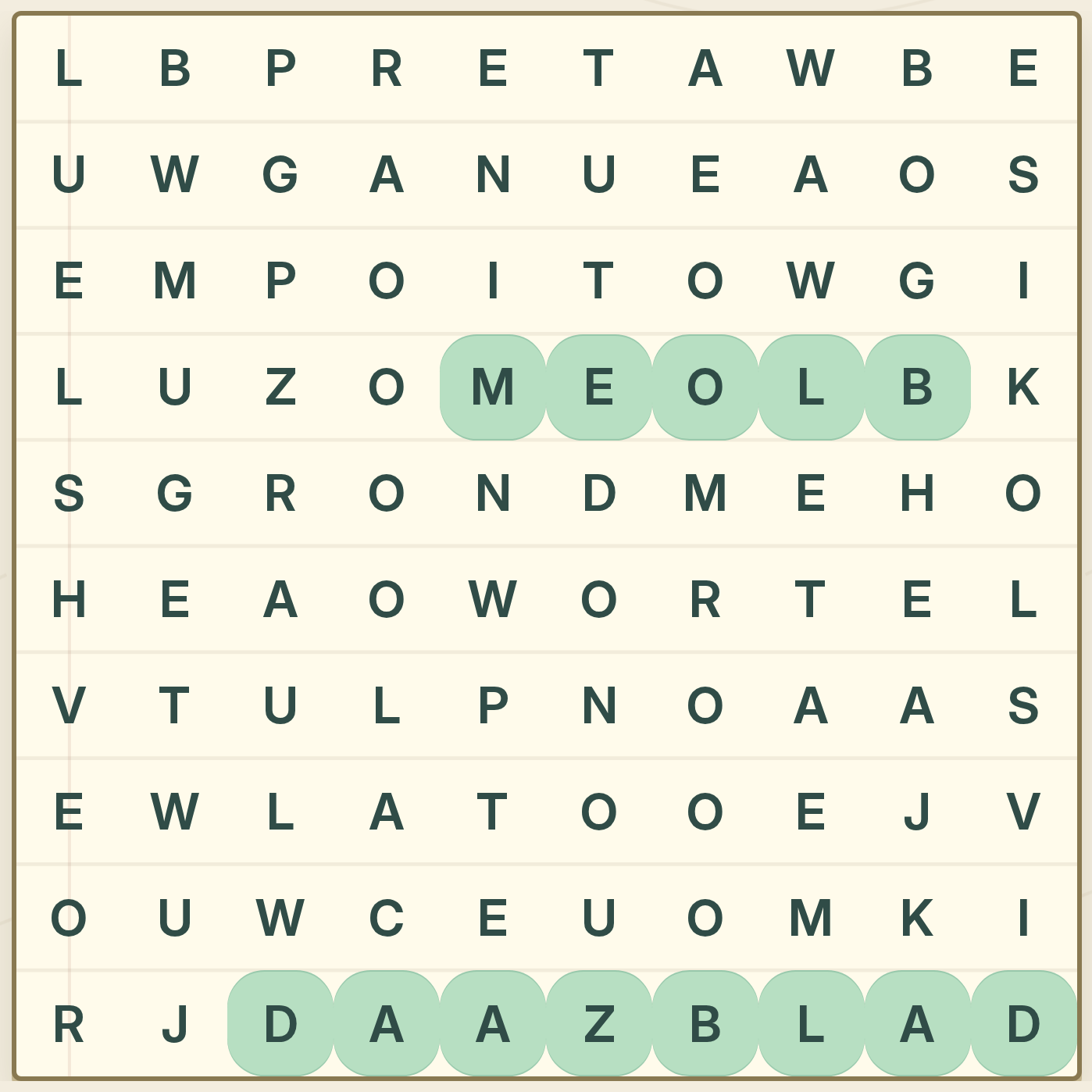 Gevonden woorden zijn groen gemarkeerd in het letterrooster van Word Trail.