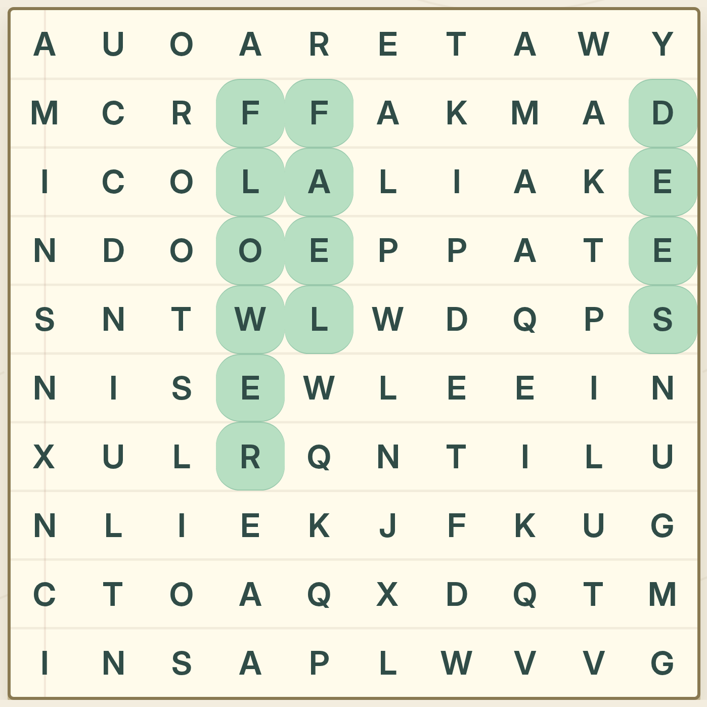 Found words highlighted in green on the Word Trail letter grid.